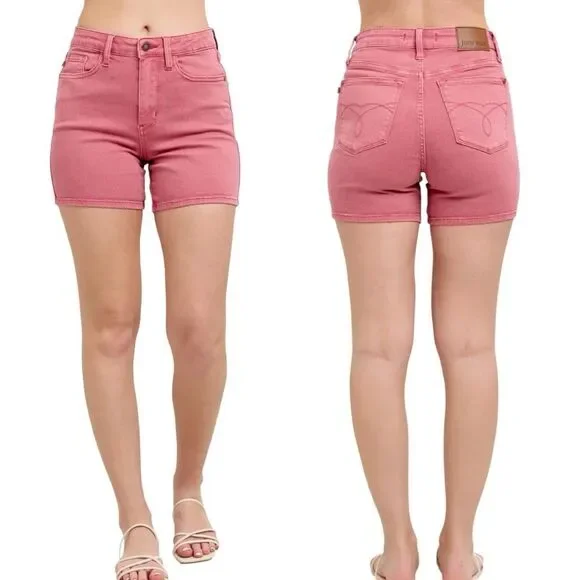 Judy Blue High Rise Shorts Rose Garment Dyed Embroidery Stretch Denim NWT - Picture 2 of 12